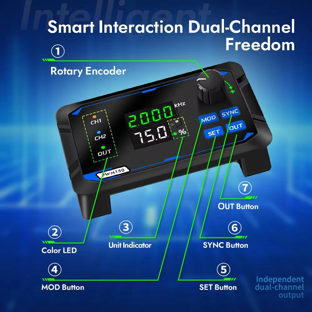 JUNCTEK Dual-Channel PWM Signal Generator | 1Hz-150kHz | Adjustable Duty Cycle & Phase - Image 3