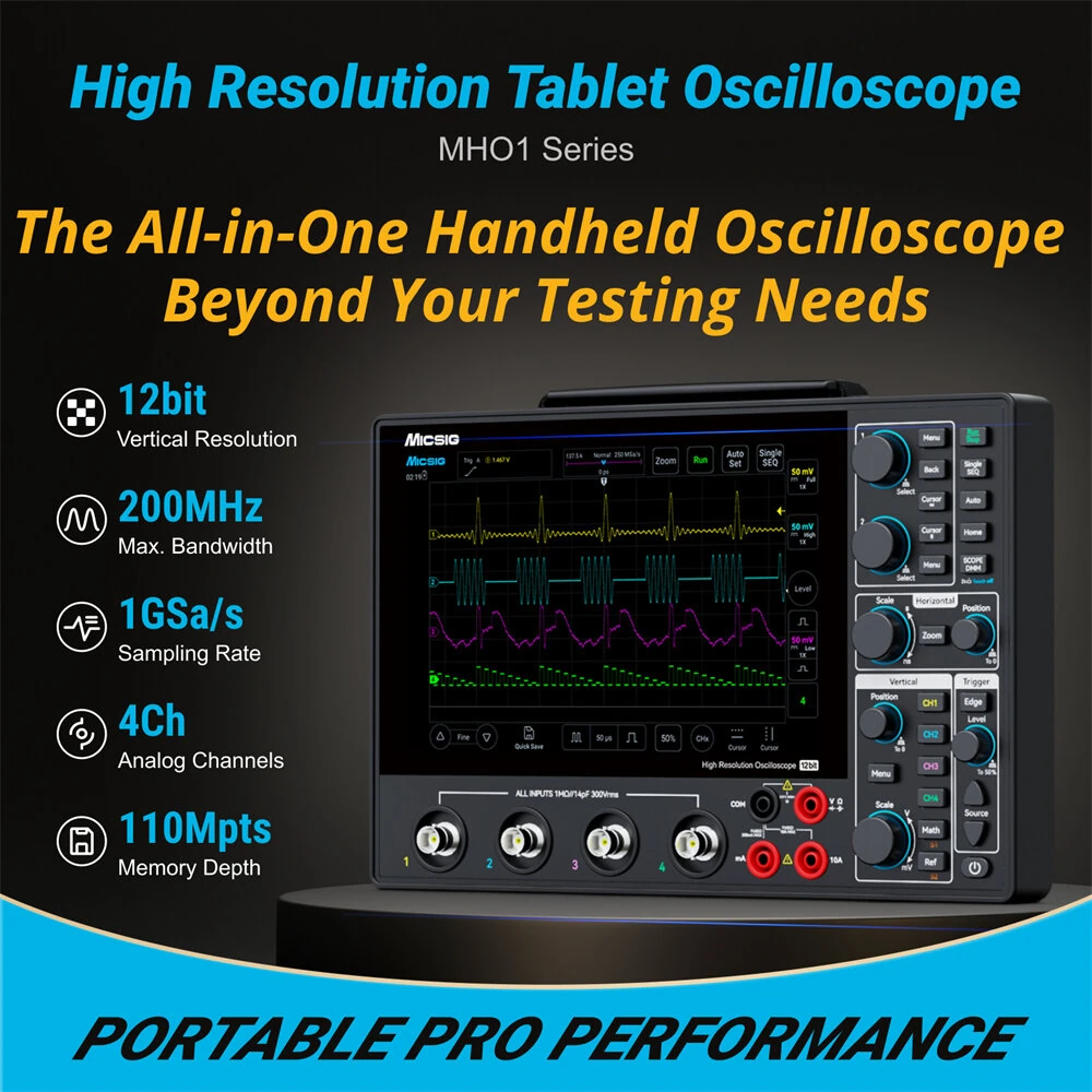 Micsig MHO14 Tablet Oscilloscope | 4 Channel 200MHz 1GSa/s | 12-bit Portable Touchscreen - Image 2
