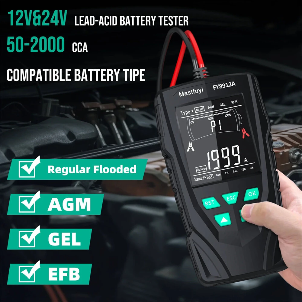 FY8912A Car Battery Tester - 12V/24V 8V-36V for Lead-Acid AGM GEL EFB - Image 4
