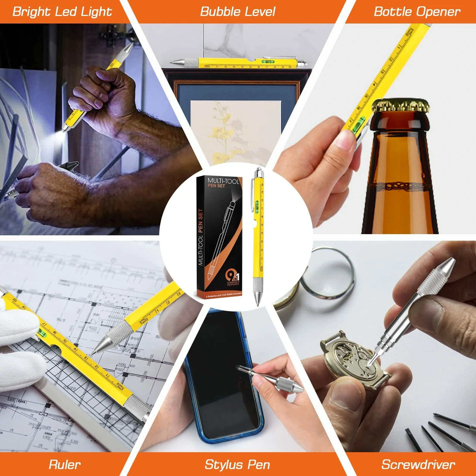 9-in-1 Multi-Tool Stylus Pen - Aluminum with LED Light, Screwdrivers & Bottle Opener - Image 5