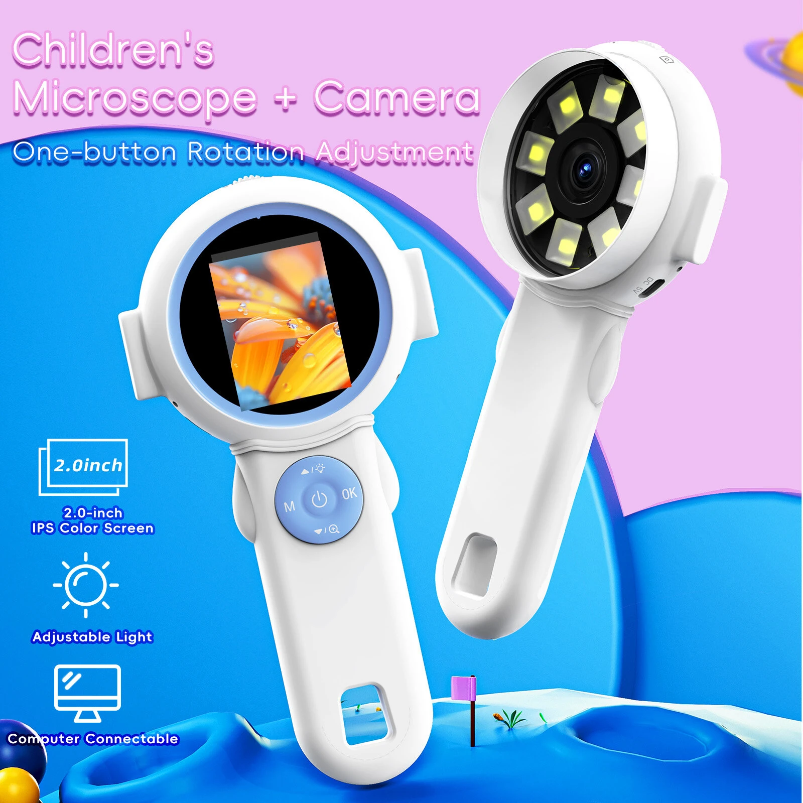 HM020J Kids Camera Microscope 2-in-1 | 2.0-Inch Screen, 8 LED Lights | 4x Zoom, Type-C - Image 3