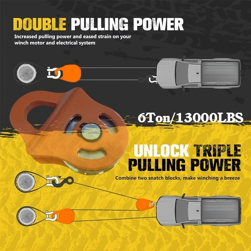 6 Ton Heavy Duty Winch Pulley Block - 13000lb Max Load for Truck ATV Tractor | Steel Cable & Synthetic Rope Compatible | Outdoor Rescue & Stump Removal - Image 3