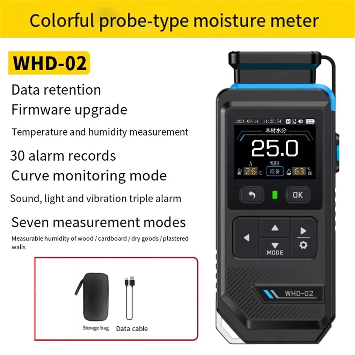 FNIRSI WHD02 Moisture Meter - 7 Modes for Wood, Walls, Cardboard | Temp & Humidity - Image 2
