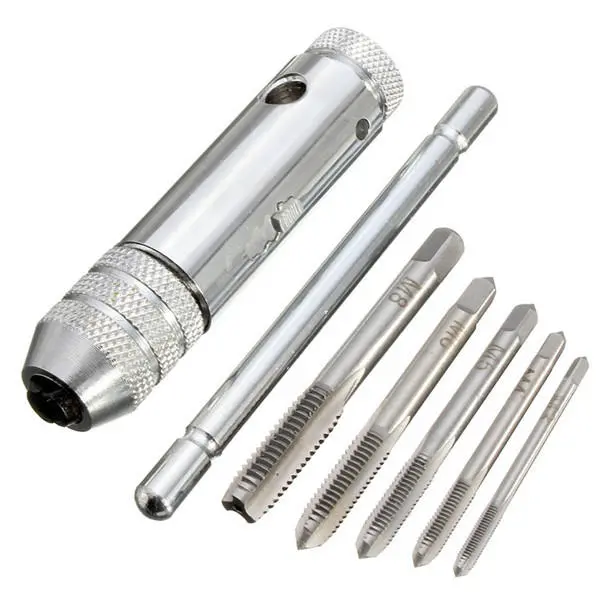 Drillpro T-Handle Ratchet Tap Wrench Set | M3-M8 Metric Plug Taps | 5pc Machine Screw Thread Kit - Image 2