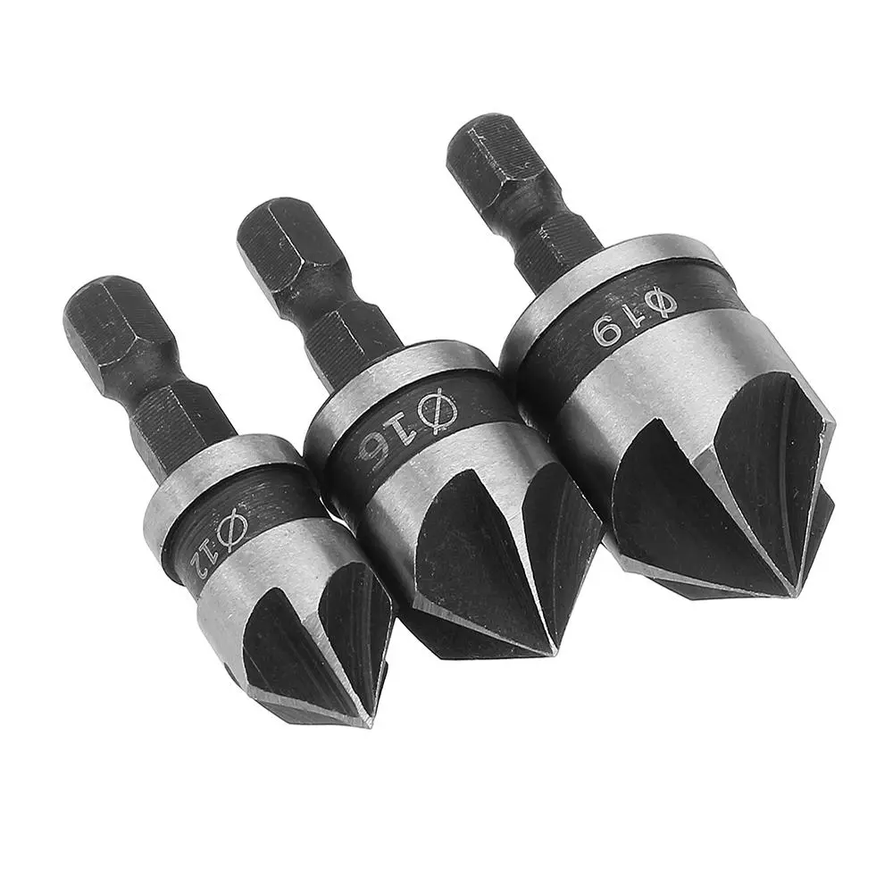 Drillpro 5 Flute Countersink Drill Bit Kit | 12/16/19mm | 1/4 Shank 3pc Set - Image 5