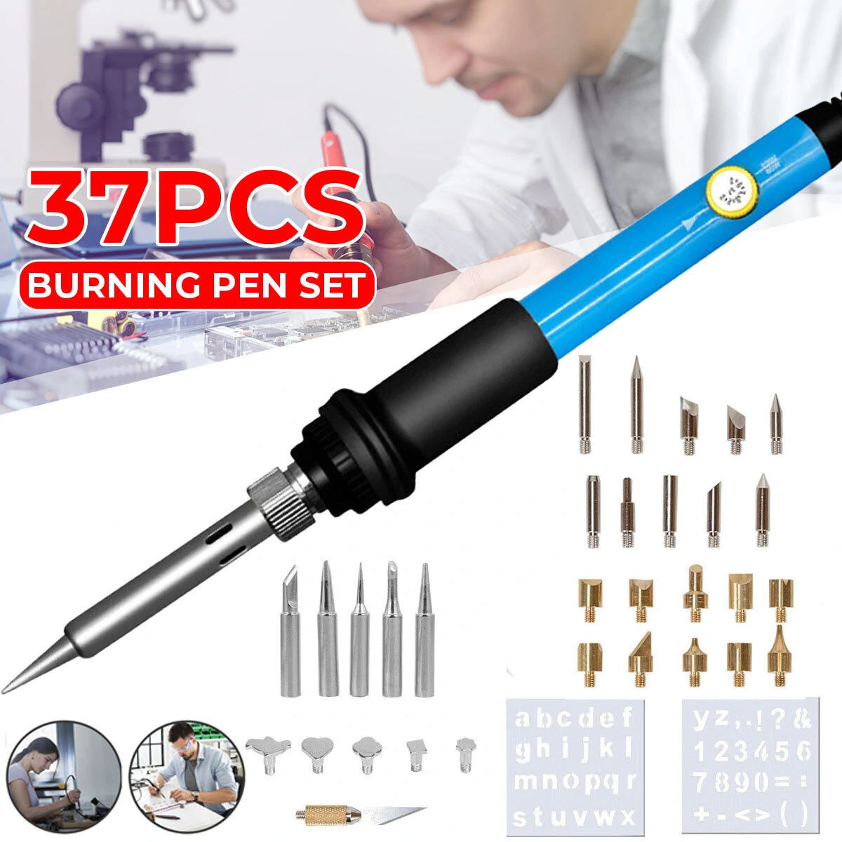 60W Wood Burning Pen Kit - 37Pcs Pyrography Tool Set with Stencils & Tips | 110V/220V - Image 2