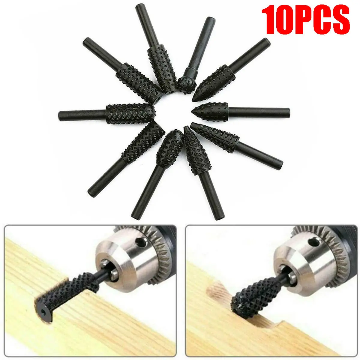 10pcs Rotary Burr Set - 6mm Shank Wood Carving & Polishing Tool | Grinding Rasp Bits - Image 4