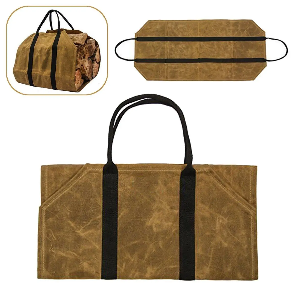 Waxed Canvas Firewood Carrier - Khaki Log Carrier Tool Bag for Fireplace - Image 5