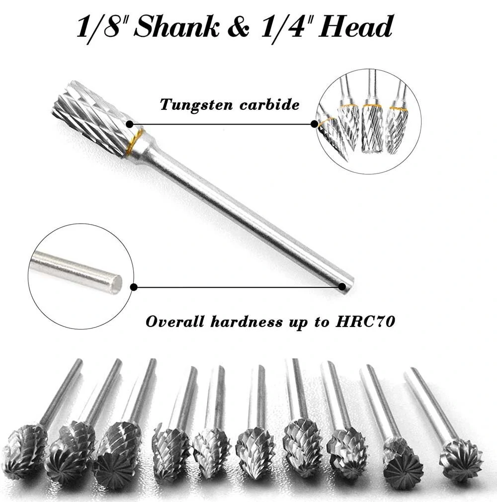 10pcs 1/8 Shank Tungsten Carbide Rotary Burr Set | Double Diamond Cutting | For Dremel & Electric Grinding Tools - Image 2