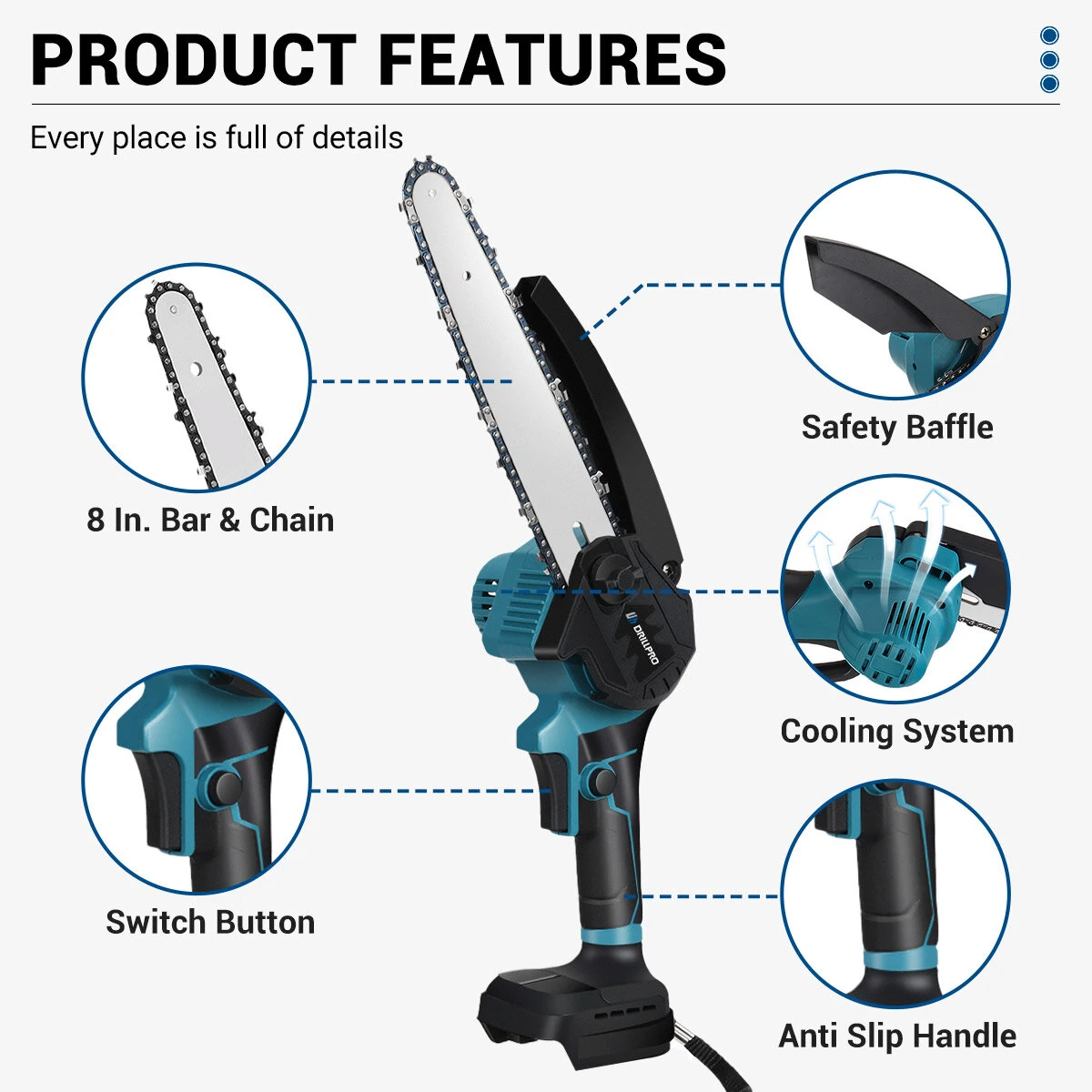 Drillpro 8 Inch Cordless Chainsaw - Brushless Motor & Auto Oiler - 18V Li-ion 7500mAh - Image 3