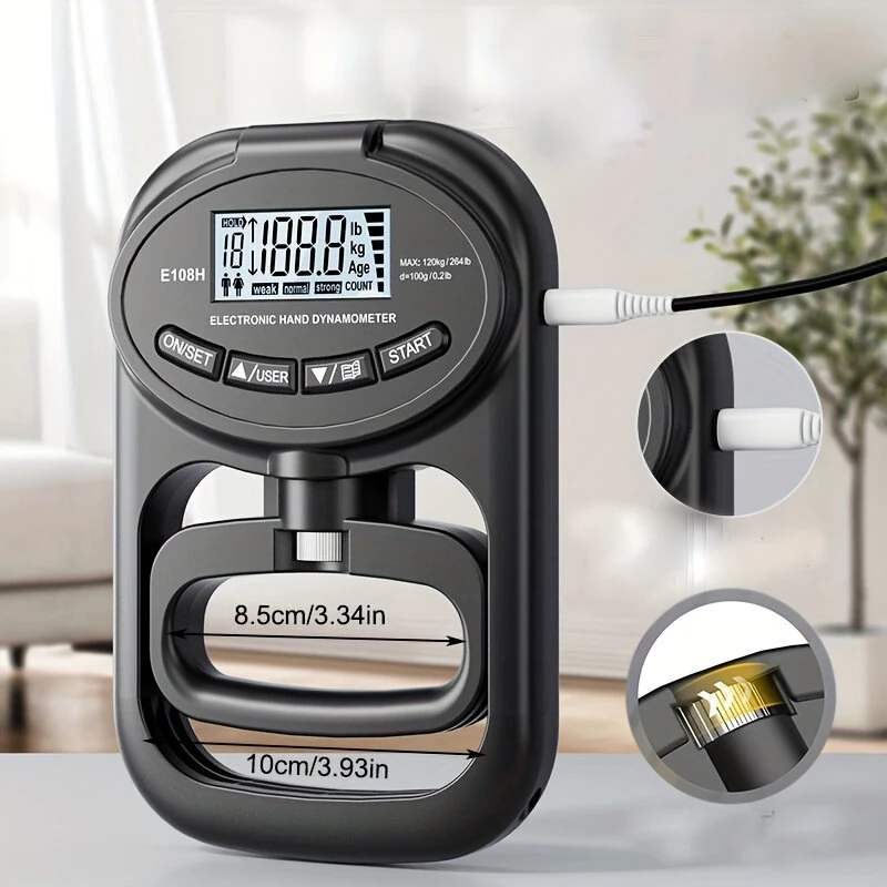 Digital Hand Dynamometer Grip Strength Tester - 265 lb/120 kg Max - USB Rechargeable LED Display - Image 3