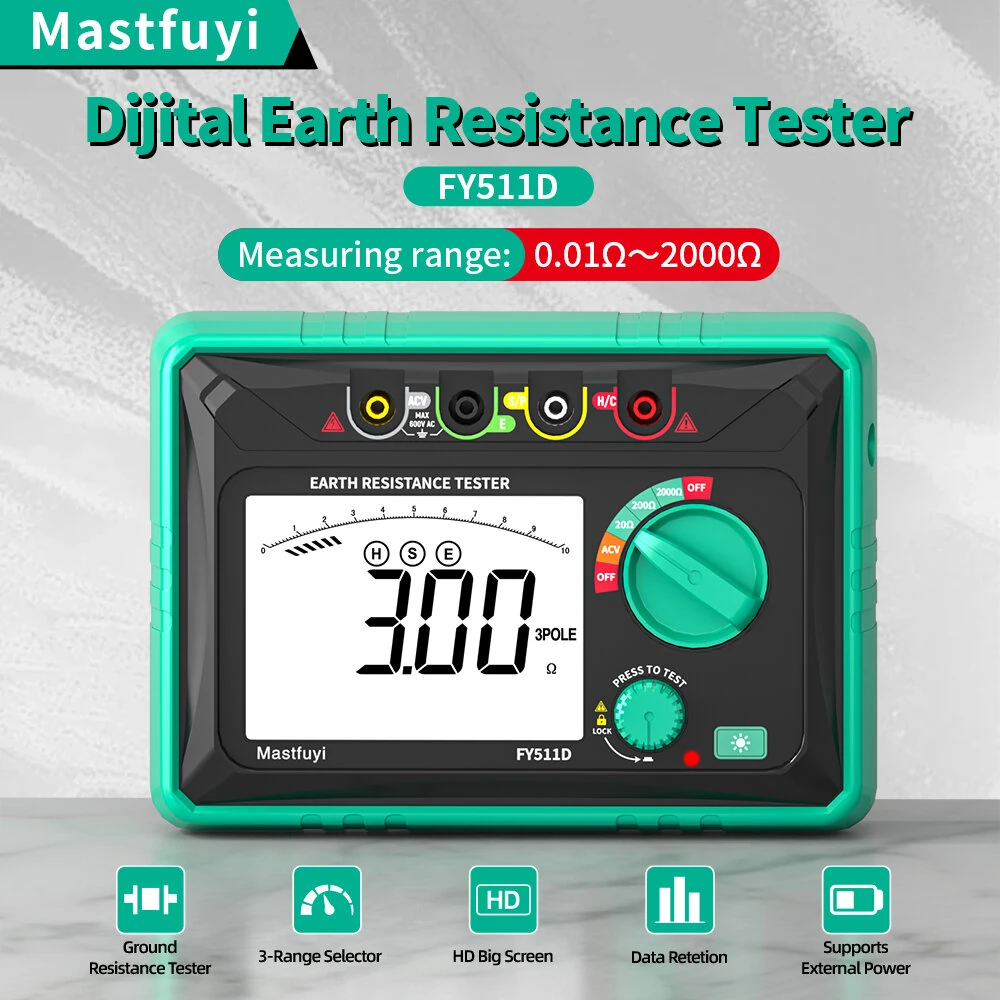 FY511D Earth Resistance Tester - 0-2kΩ Range & 600V Voltage - High Accuracy LCD - Image 2