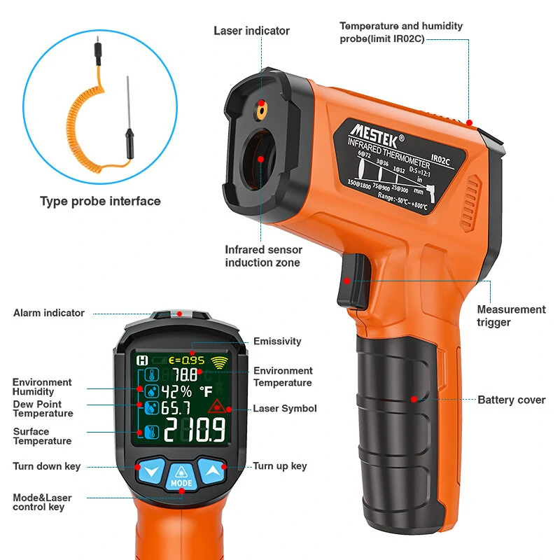 MESTEK IRO2C Infrared Thermometer -50°C to 800°C | Adjustable Emissivity & Laser - Image 3