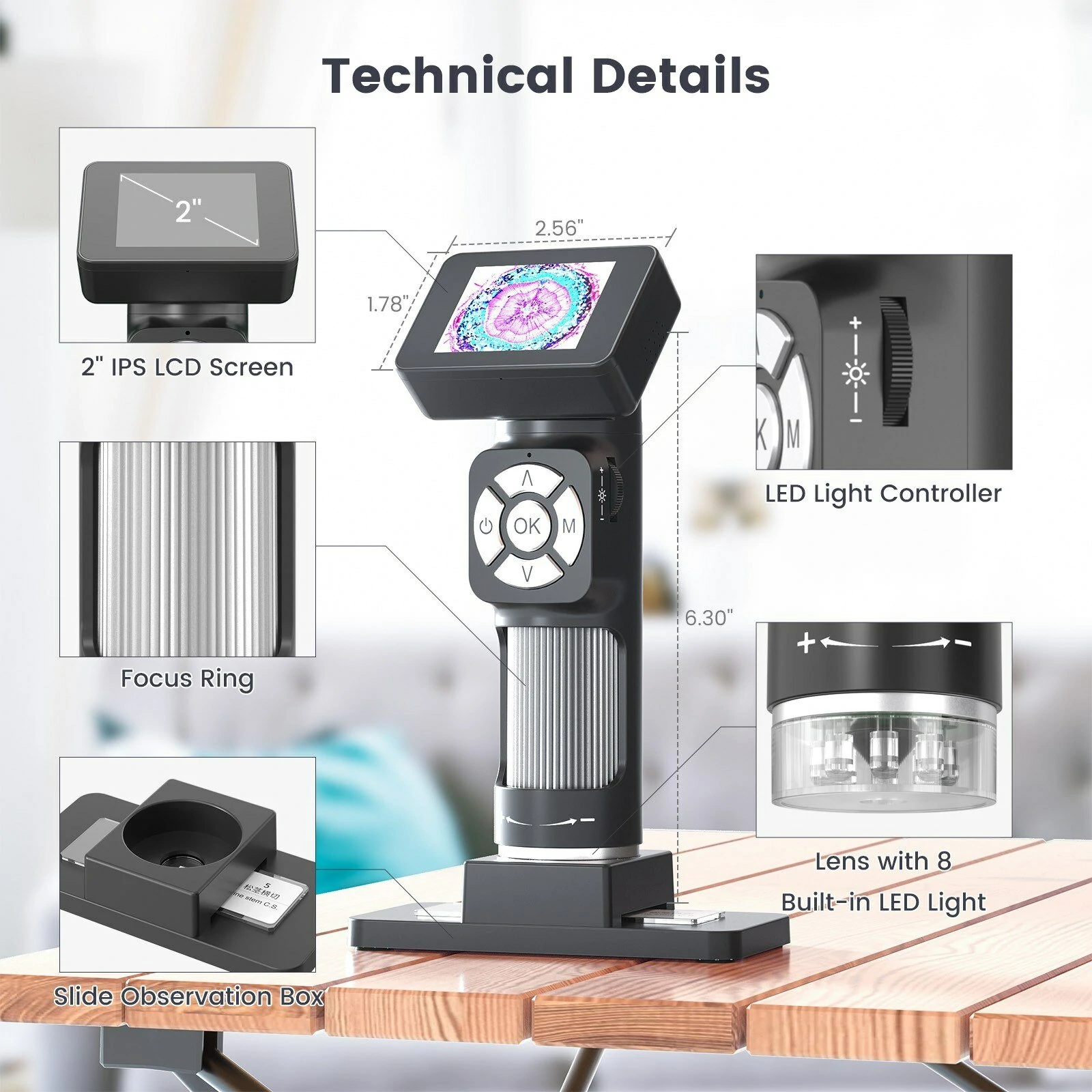 AD112 Portable Digital Microscope - 500X Magnification, 2 LCD Screen, 8 LED Lights, USB for PC - Image 2