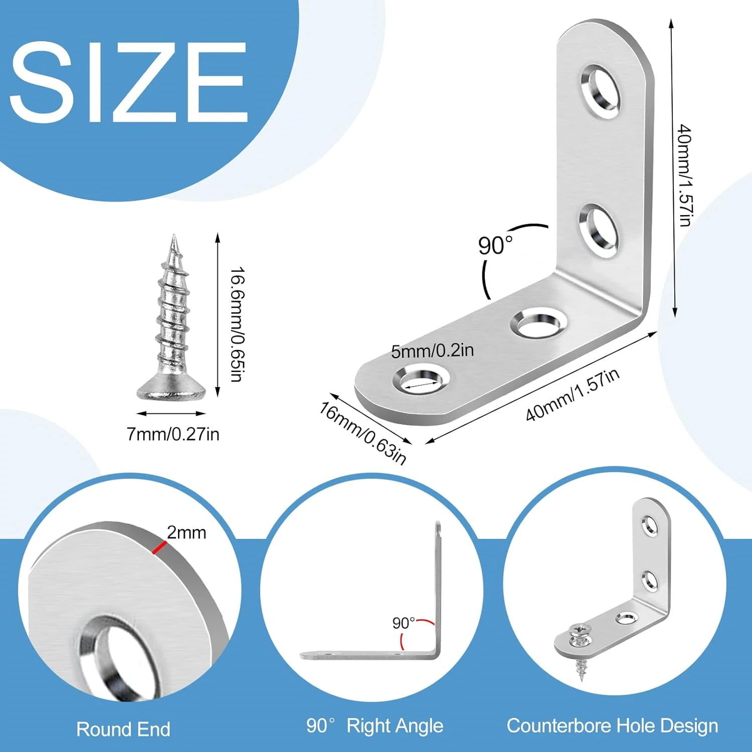 L Bracket 40/16Pcs Stainless Steel 90 Degree Corner Braces with Screws | Furniture & Shelf Reinforcement - Image 5