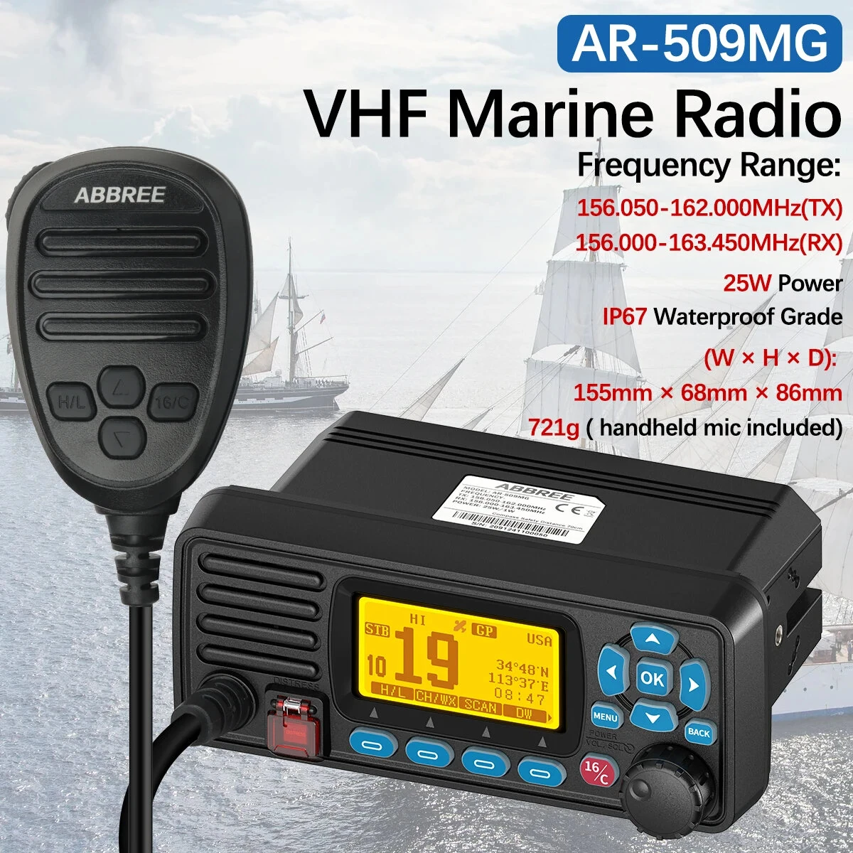 ABBREE AR-509MG VHF Marine Radio | 25W IP67 Waterproof | GPS & NOAA Weather Alerts - Image 3