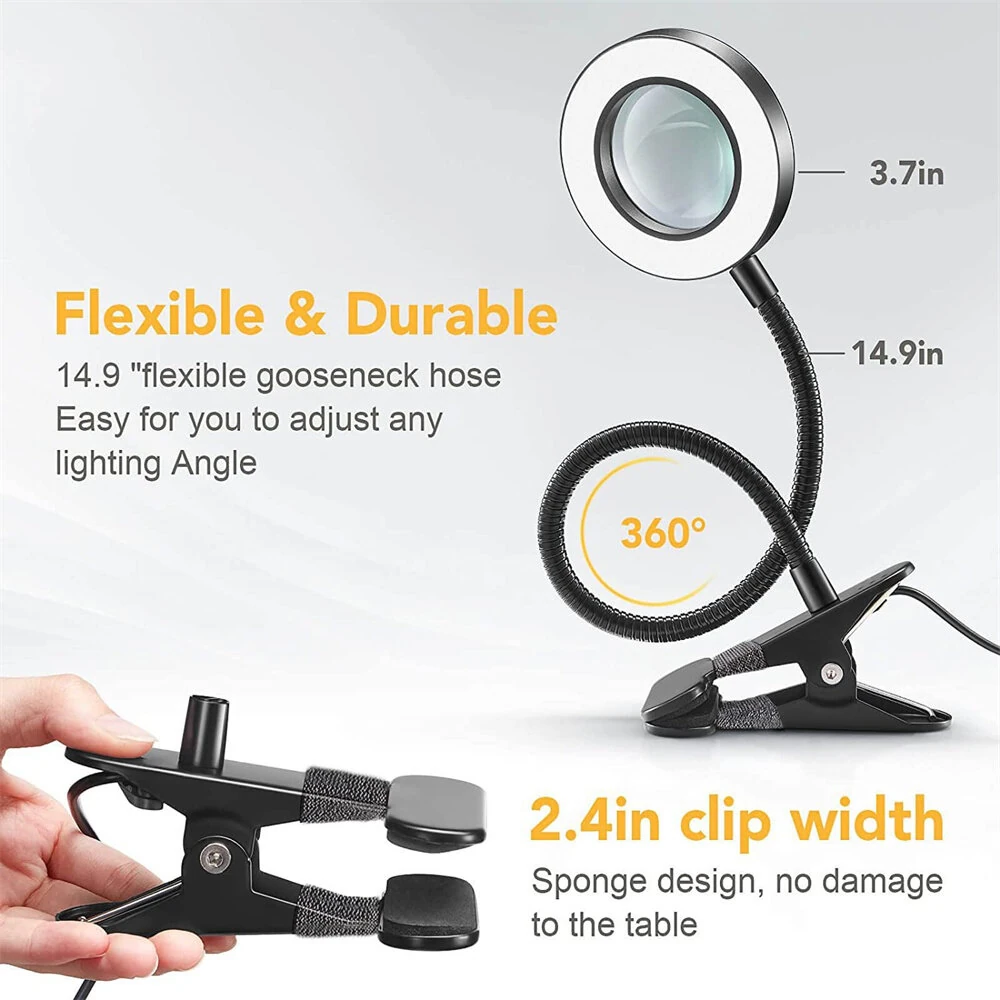 5X LED Magnifying Lamp | Clip-On USB Desk Light, Adjustable Brightness & Color - Image 4