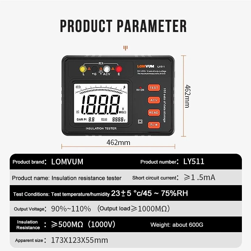 LOMVUM Insulation Resistance Tester 500V 1000MΩ - Digital Meter with Backlit Display - Image 4