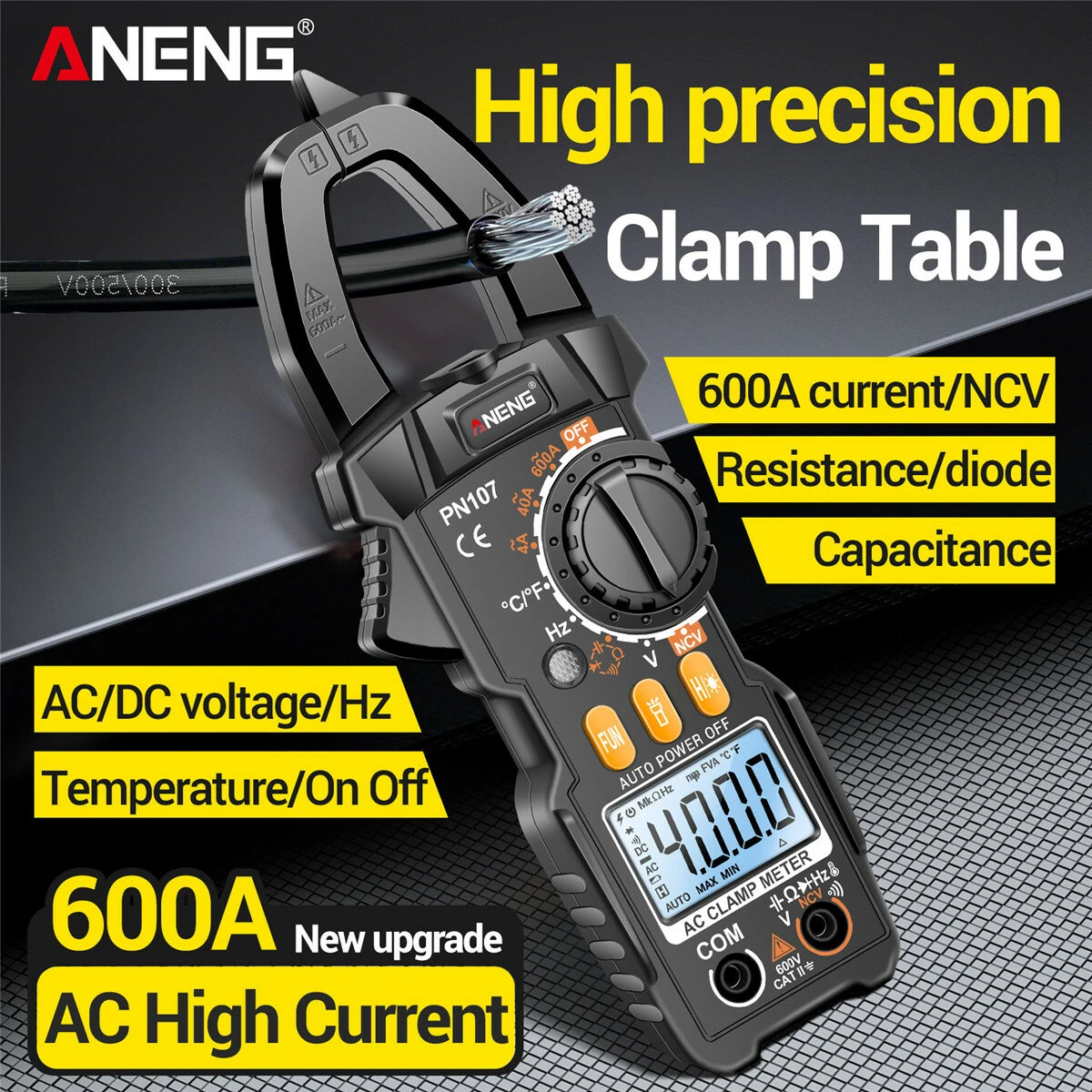 ANENG PN107 Clamp Meter - AC/DC Voltage Current Tester | Measures Temp, Capacitance, Hz - Image 2