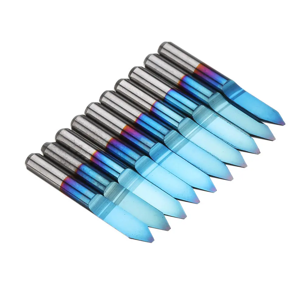 Drillpro 10pcs PCB Engraving Bits - 0.1-0.5mm 45° Flat Bottom - Blue NANO Coated Carbide - Image 2