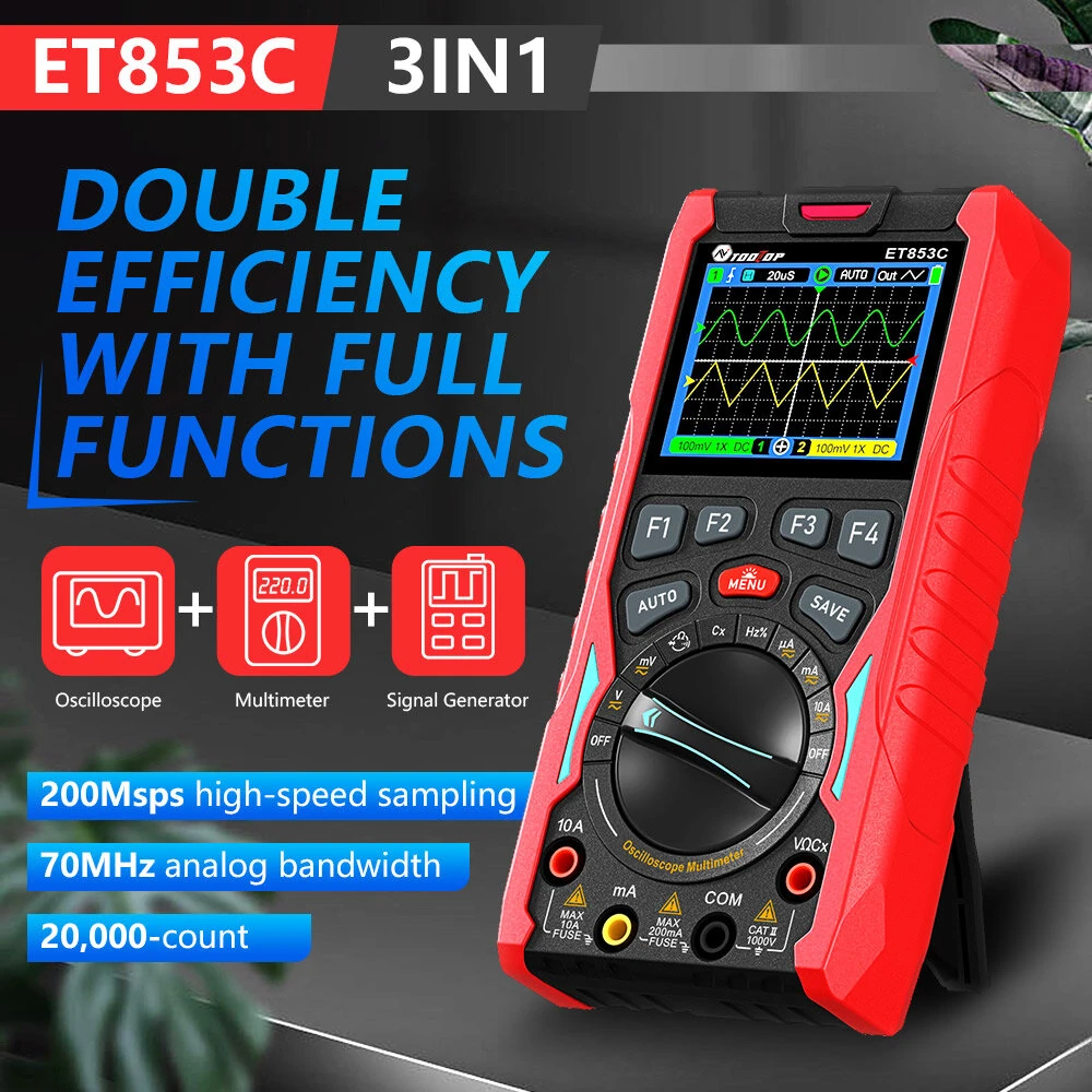ET853C 3-in-1 Oscilloscope Multimeter Signal Generator | 70MHz 200Msps | Dual Channel Color Screen & Rechargeable Battery - Image 2