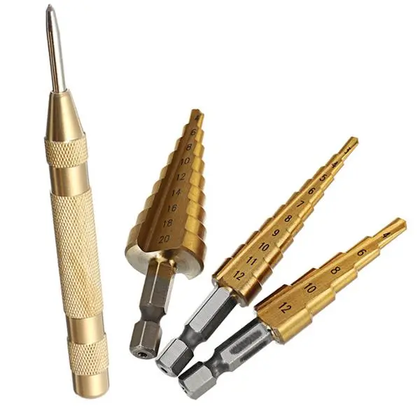 Drillpro 3-12/4-12/4-20mm HSS Titanium Step Drill Bits | 3-Piece Set with Center Punch - Image 3