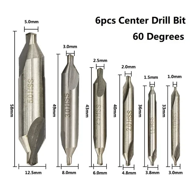 6PCS M2 High-Speed Steel Center Drill Bits Set - 60 Degree 1.0-5.0mm for Lathe - Image 2