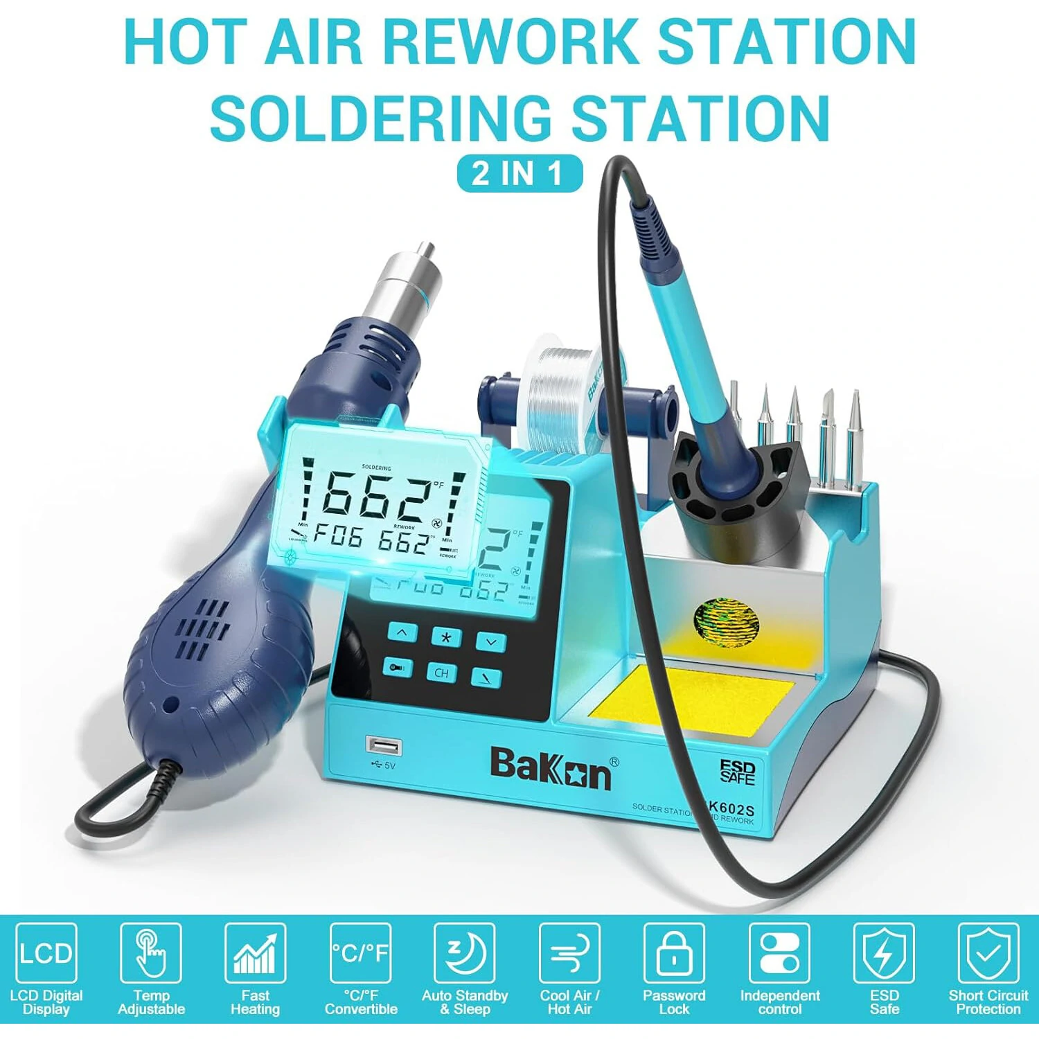 BK602S 2-in-1 Soldering & Hot Air Rework Station | 90W LCD PID Control | ESD Safe - Image 2