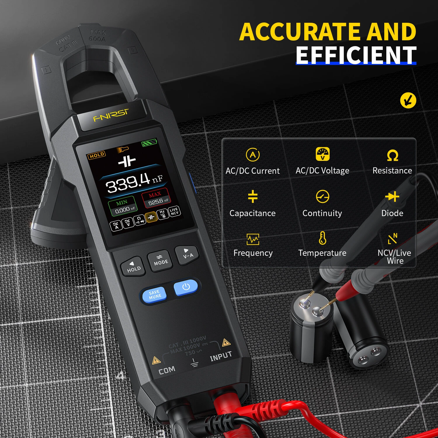 FNIRSI DMC-100 Digital Clamp Meter | 600A AC/DC Current | 10000 Counts Multimeter - Image 3