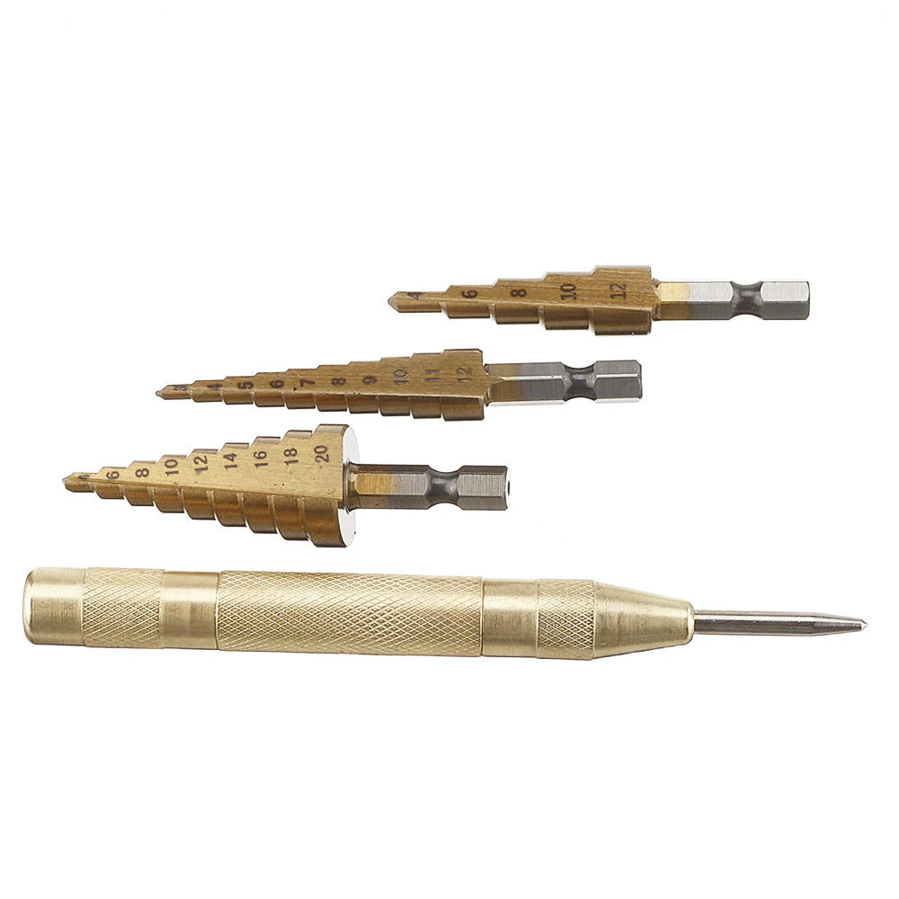 Drillpro 4pcs HSS Titanium Step Drill Bit Set - 3-20mm with Center Punch - Image 4