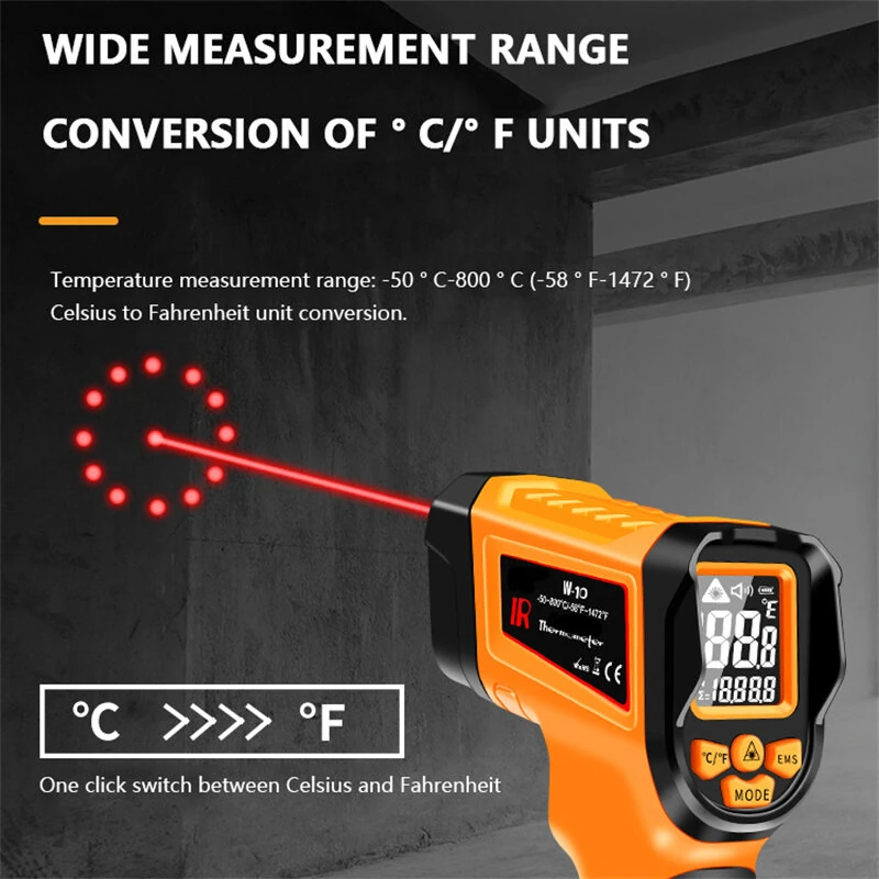CZDANG W-10 Infrared Thermometer | -50°C to 800°C | 13-Point Laser & Adjustable Emissivity - Image 3