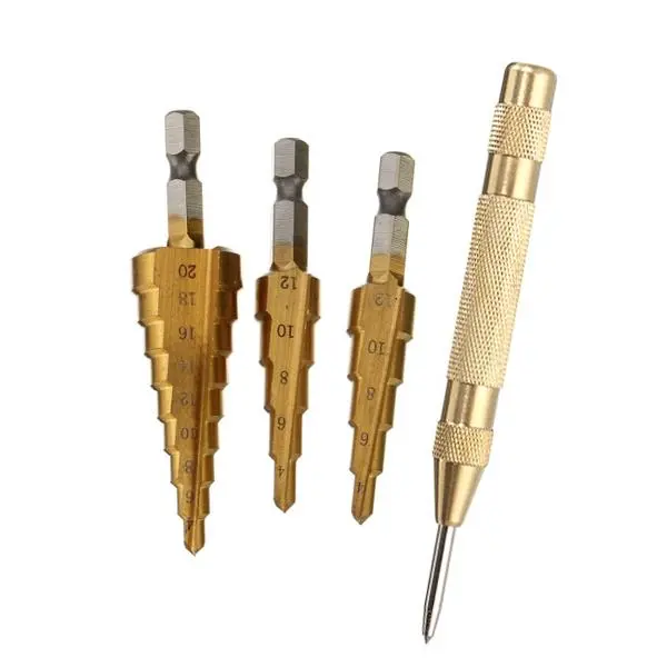 Drillpro 3-12/4-12/4-20mm HSS Titanium Step Drill Bits | 3-Piece Set with Center Punch - Image 2