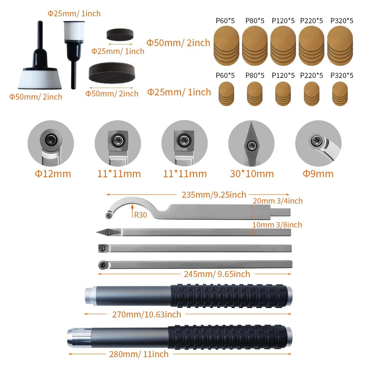 RUITOOL Professional Wood Lathe Tools Set - 5 Tips Bowl Sander with 50 Discs | CNC Steel Shaft & Anti-Slip Grip - Image 4