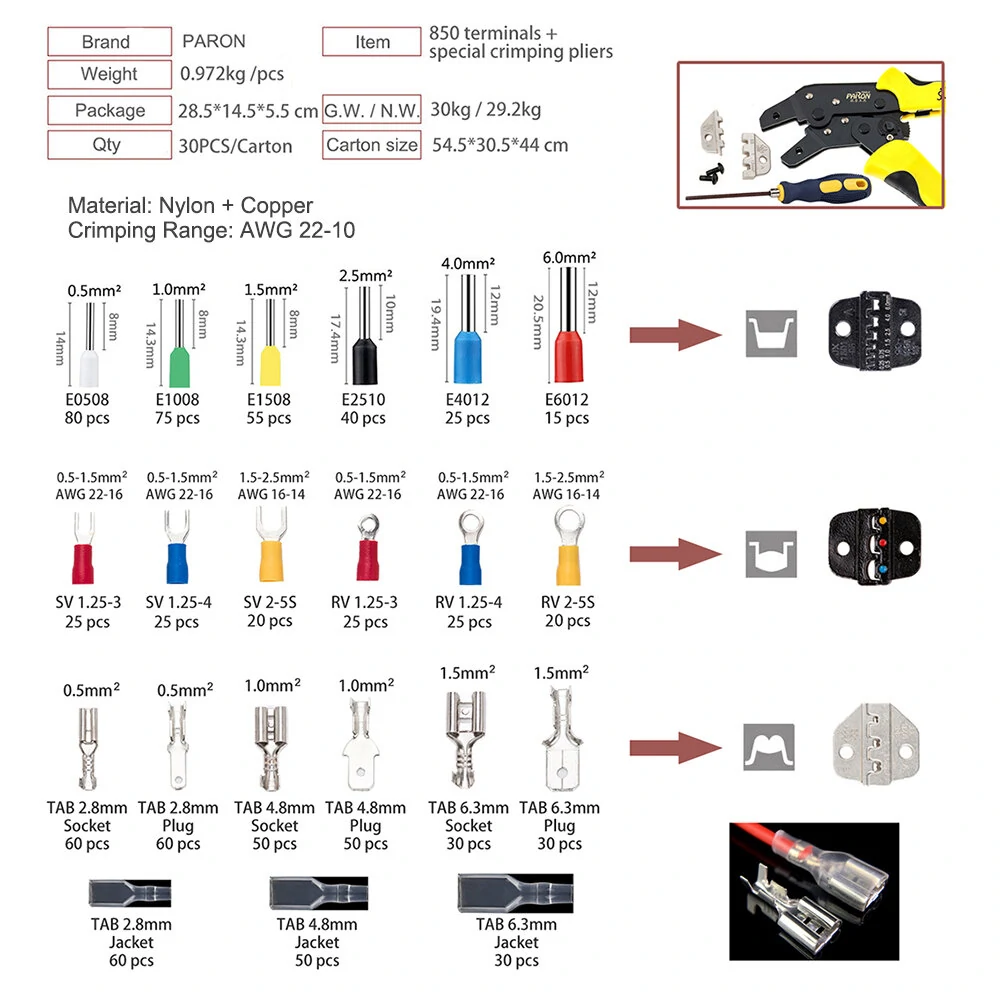PARON JX-D4T 4-in-1 Wire Crimper Kit | AWG20-10 Ratchet Plier with 850 Terminals - Image 2