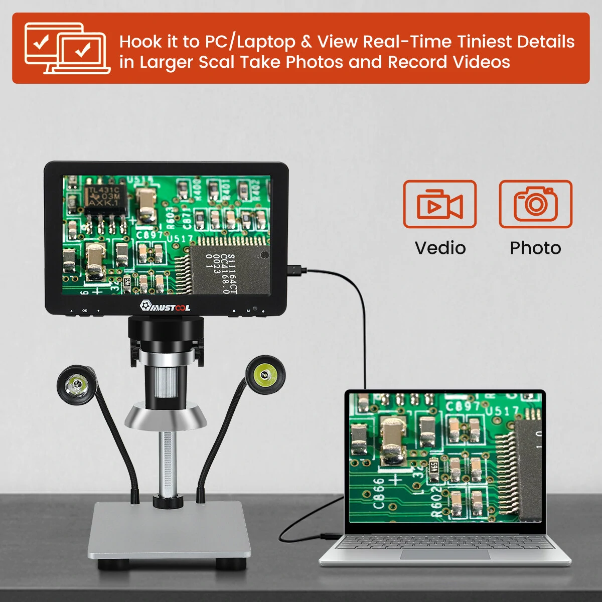 Mustool DM9 Digital Microscope - 7 Inch 1200X Magnification | 1080FHD Video & Adjustable LED Lights | Windows & Mac OS Compatible - Image 2