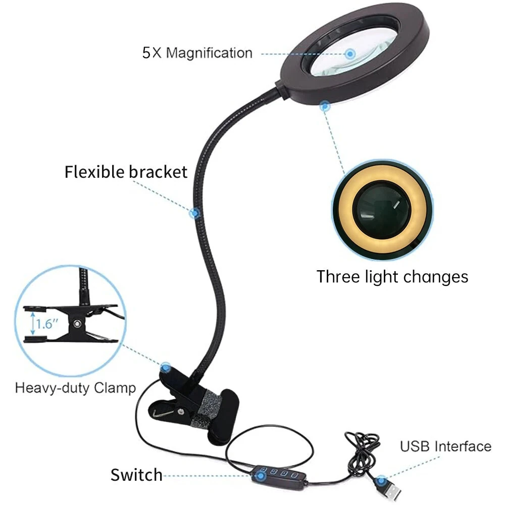 5X LED Magnifying Lamp | Clip-On USB Desk Light, Adjustable Brightness & Color - Image 5
