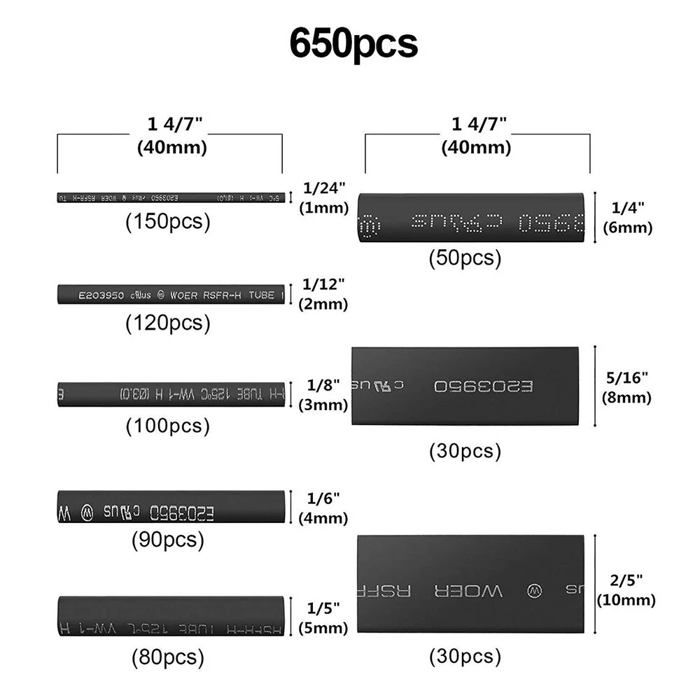 Heat Shrink Tubing Kit - 650pcs Black 2:1 Ratio | 8 Sizes in Box for Wire Insulation - Image 3