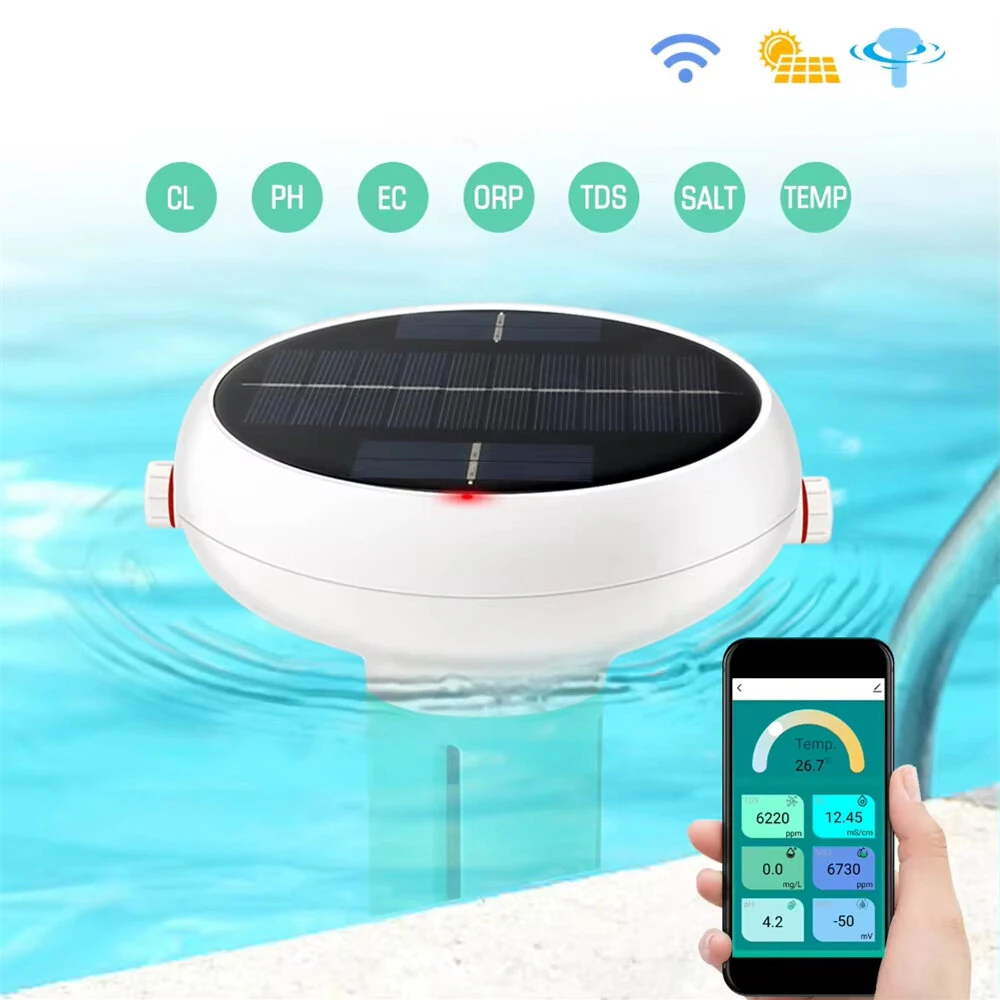 Tuya Zigbee WiFi Pool Water Tester - 7-in-1 pH Chlorine Salinity Monitor | Solar USB - Image 2