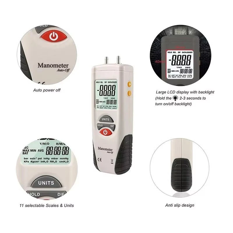 HTI HT-1890 Digital Manometer | Handheld Gas Pressure Gauge with Data Hold - Image 3