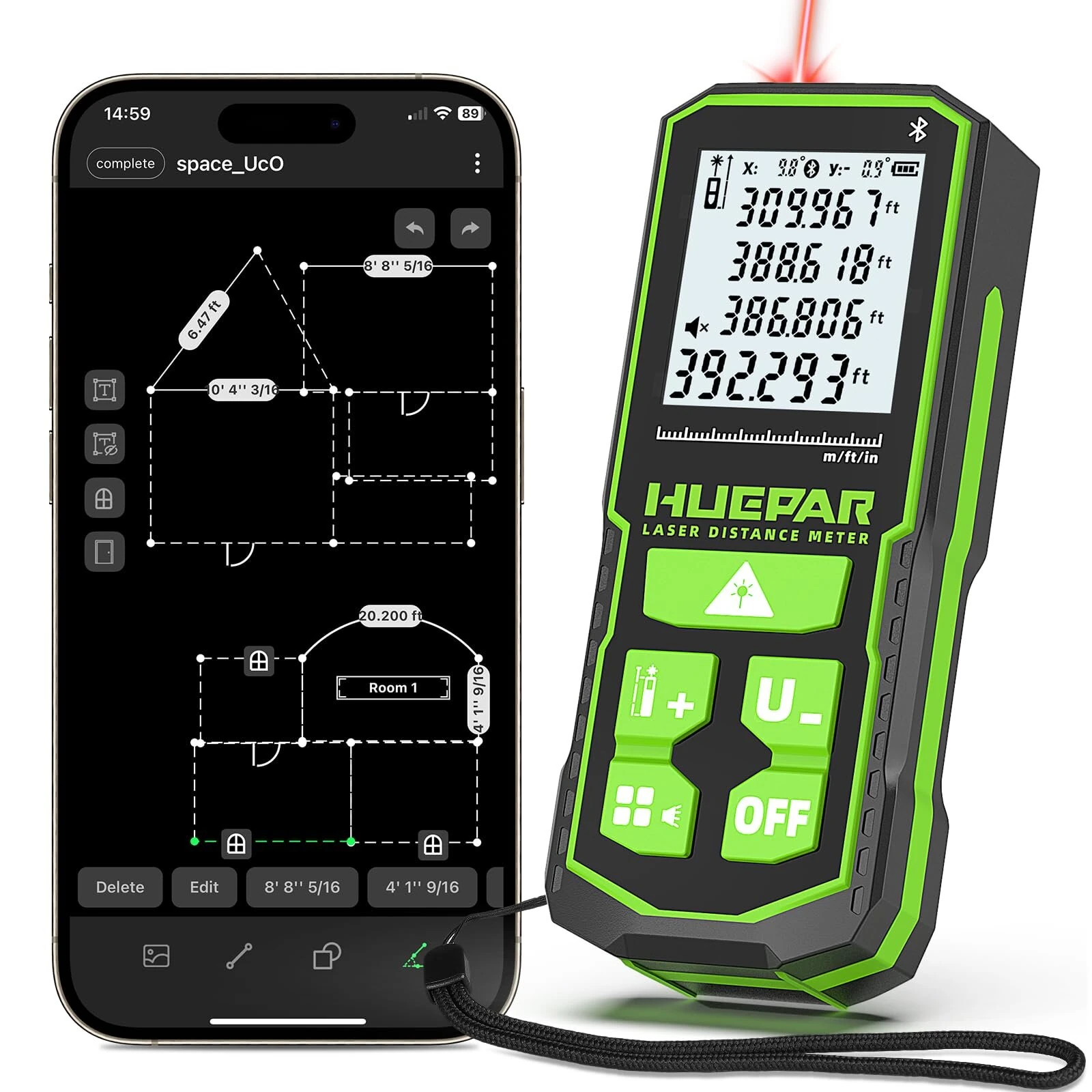 Huepar S60/S100/S120 Laser Distance Meter | Green Beam 60M-120M | Rechargeable with Angle Sensor - Image 3