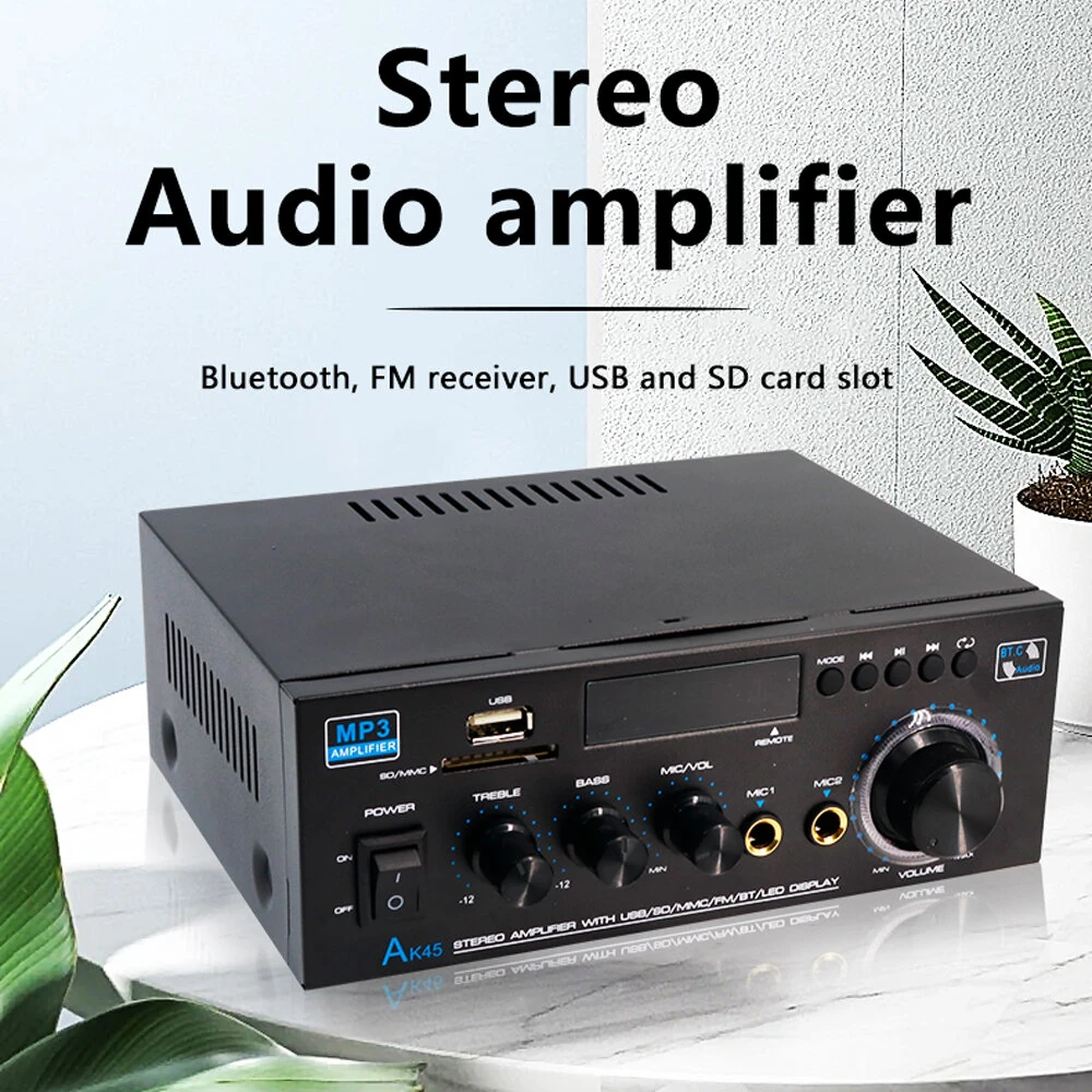 AK45 Stereo Amplifier | 2.0 Channel Bluetooth FM Radio | USB SD Card Bass Treble - Image 5