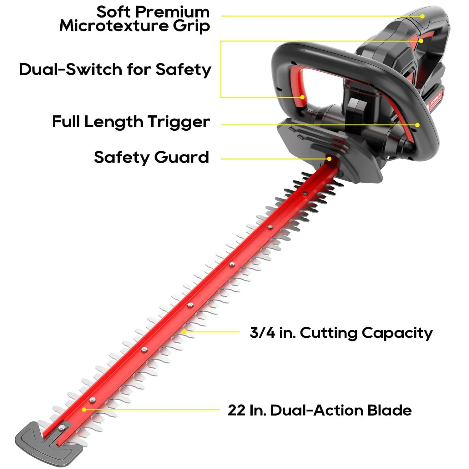 ECOMAX ELG06 18V Cordless Hedge Trimmer - 22 Inch Blade | 2.0AH Battery & Charger - Image 2