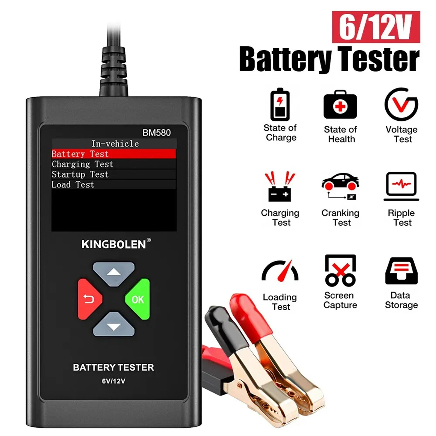 BM580 Auto Battery Tester - 6V/12V Digital LCD Display - CCA 100-2000 - Image 2