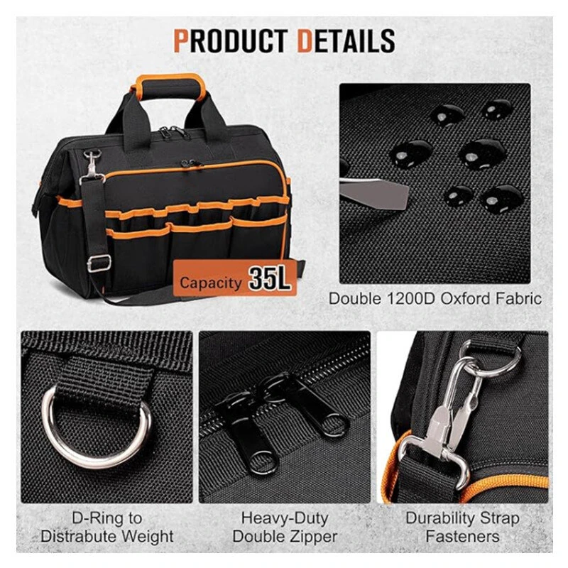 DEWALT 17 Inch Heavy Duty Tool Bag - 35L Large Capacity - 900D Oxford Cloth with Adjustable Strap - Image 4