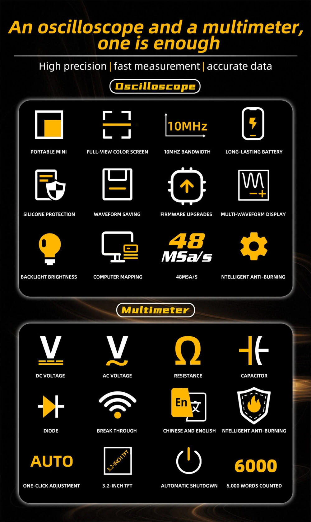 BSIDE OS1 Mini Oscilloscope Multimeter | 10MHz 48MSa/s | 1000V DC Portable Tester - Image 3