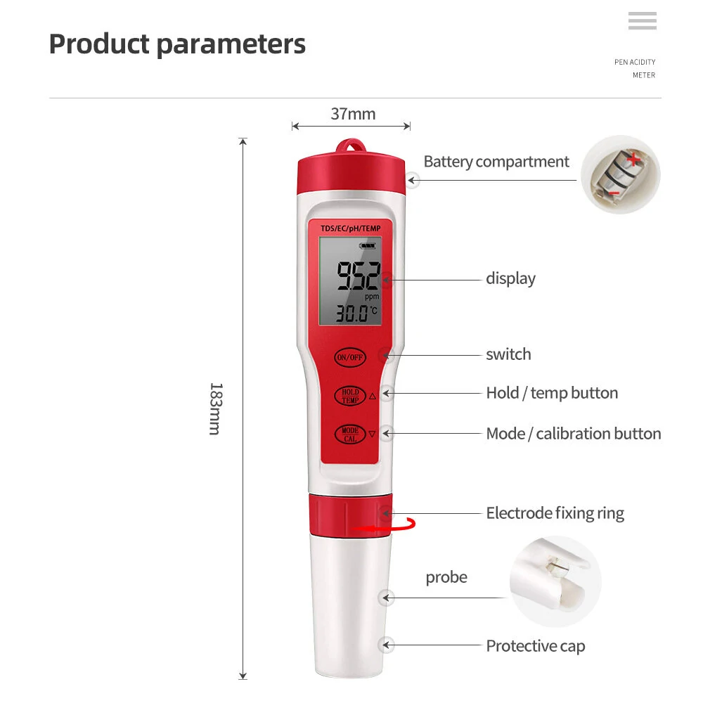 EZ9908 4-in-1 Digital Water Tester | PH, TDS, EC & Temperature Meter for Pools, Aquariums, Drinking Water - Image 4