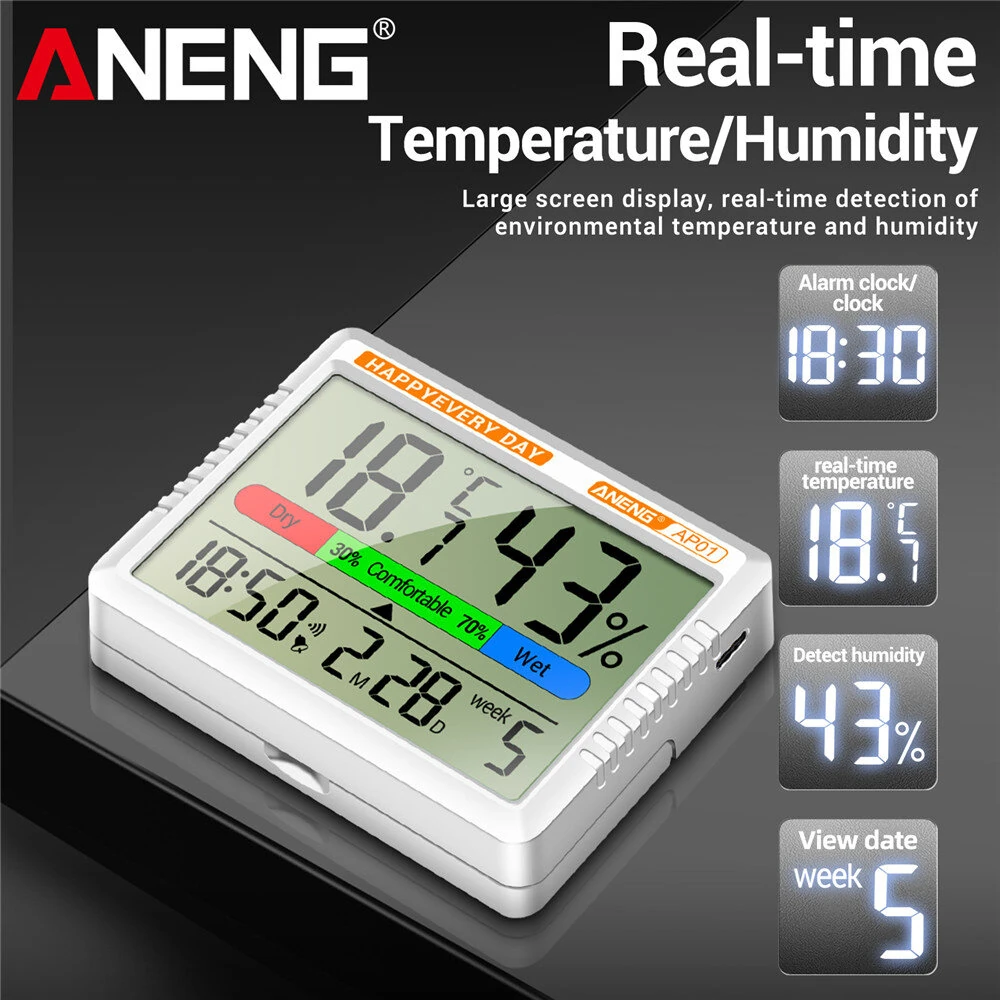 ANENG AP01 Thermohygrometer - Backlit LCD, Temp & Humidity Monitor | Alarm, Calendar, Type-C - Image 3