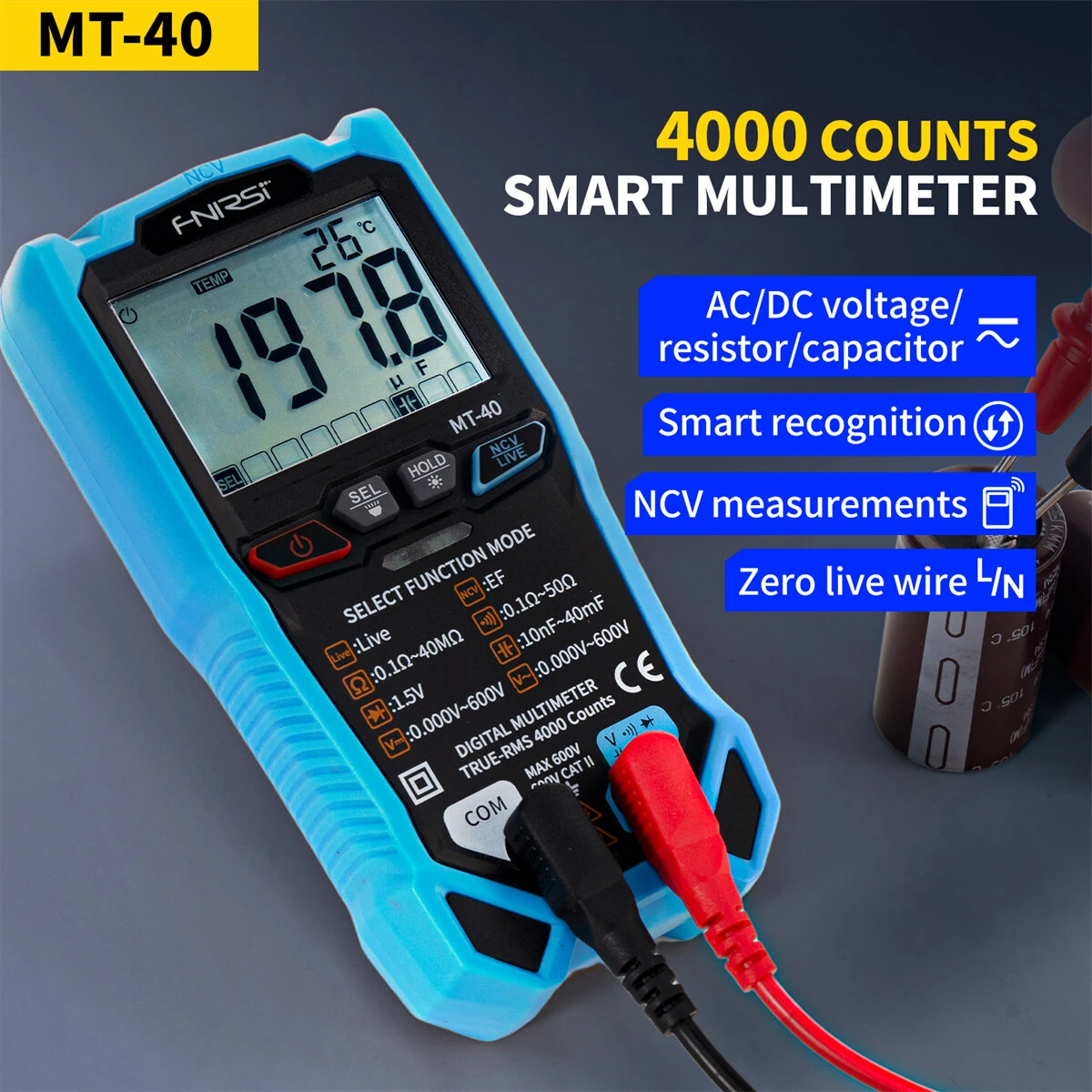 FNIRSI MT-40 Smart Digital Multimeter - True RMS Auto Range 600V | Backlit LCD - Image 2