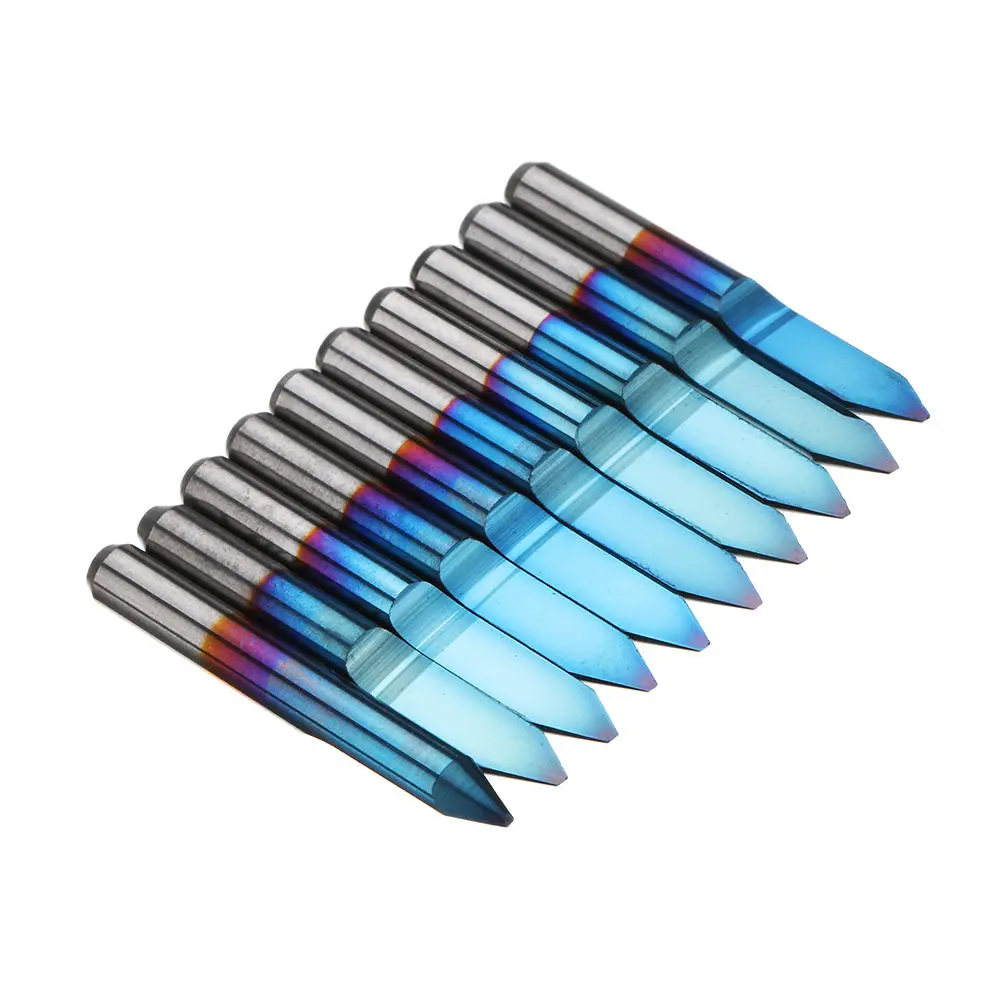 Drillpro 10pcs PCB Engraving Bits - 0.1-0.5mm 45° Flat Bottom - Blue NANO Coated Carbide - Image 4