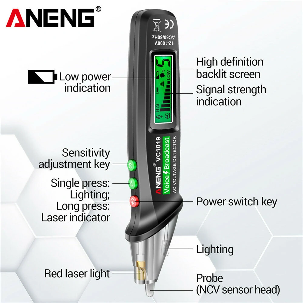 ANENG VC1019 Voltage Detector Pen | Non-Contact 12-1000V AC with Voice & Laser - Image 4